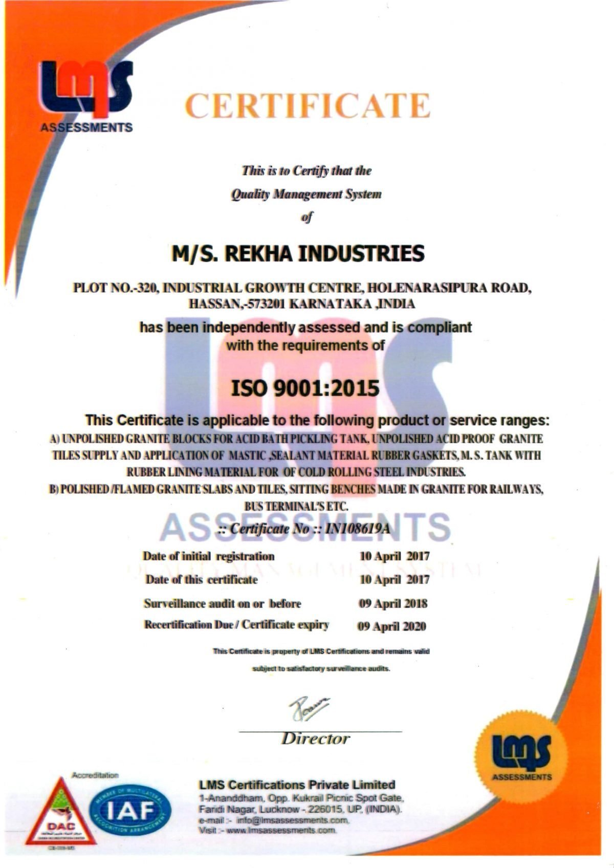ISO 9001:2015 quality management certificate